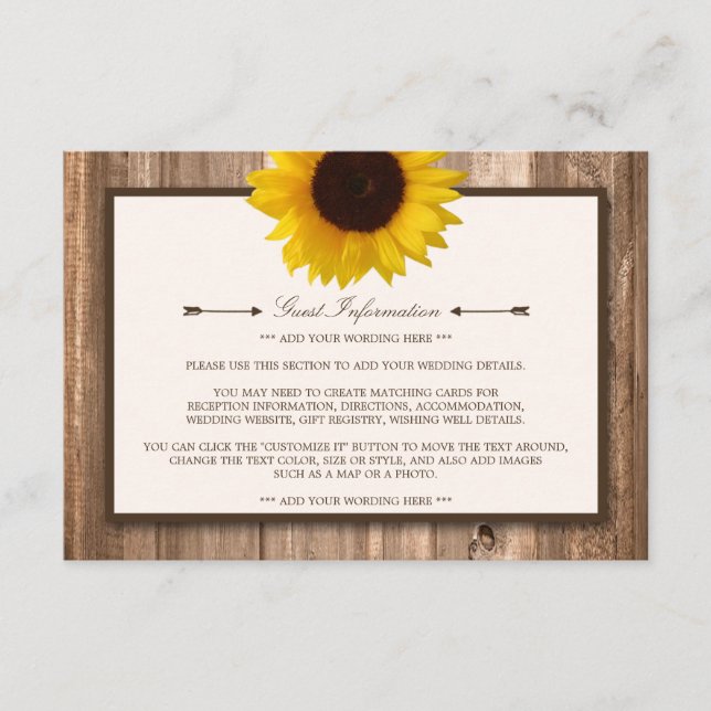 Country Rustic Sunflower & Brown Wood Wedding Enclosure Card (Front)