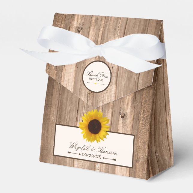 Country Rustic Sunflower & Brown Wood Wedding Favor Boxes (Front Side)