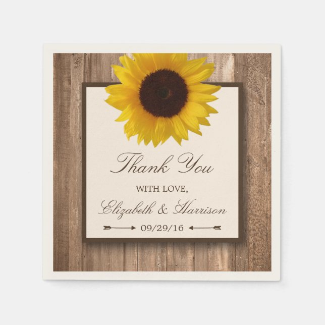 Country Rustic Sunflower & Brown Wood Wedding Paper Napkins (Front)
