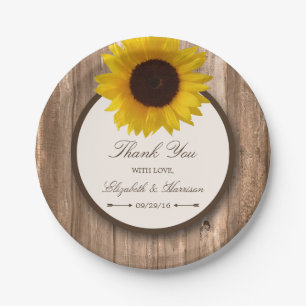 Country Rustic Sunflower & Brown Wood Wedding Paper Plates