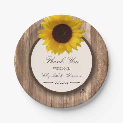 Country Rustic Sunflower  Brown Wood Wedding Paper Plates