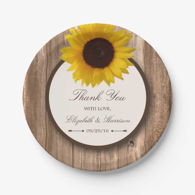 Country Rustic Sunflower & Brown Wood Wedding Paper Plates (Front)