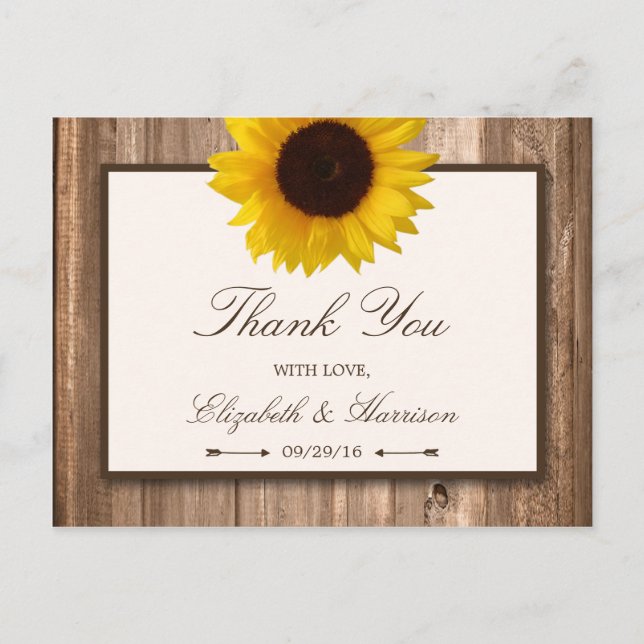 Country Rustic Sunflower & Brown Wood Wedding Postcard (Front)
