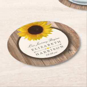 Country Rustic Sunflower & Brown Wood Wedding Round Paper Coaster
