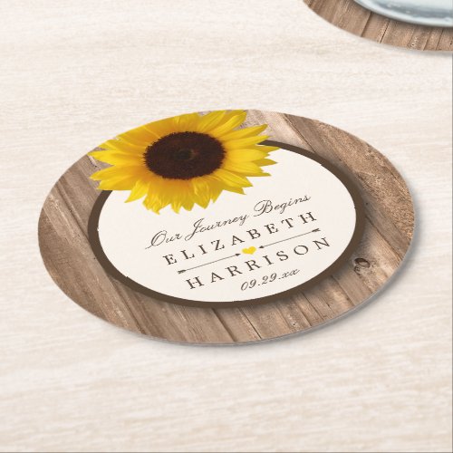 Country Rustic Sunflower  Brown Wood Wedding Round Paper Coaster