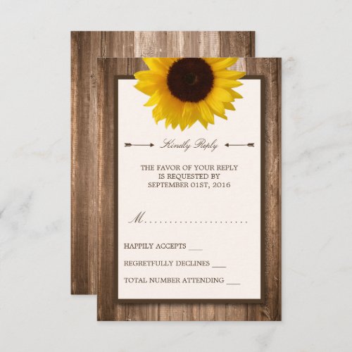 Country Rustic Sunflower  Brown Wood Wedding RSVP