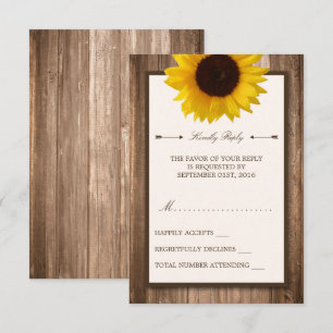 Country Rustic Sunflower & Brown Wood Wedding RSVP Card