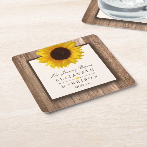 Country Rustic Sunflower  Brown Wood Wedding Square Paper Coaster