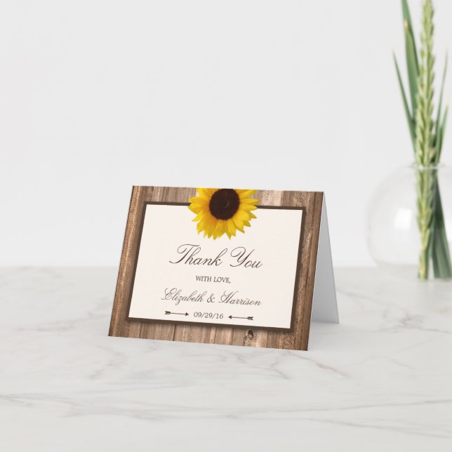 Country Rustic Sunflower & Brown Wood Wedding Thank You Card (Front)