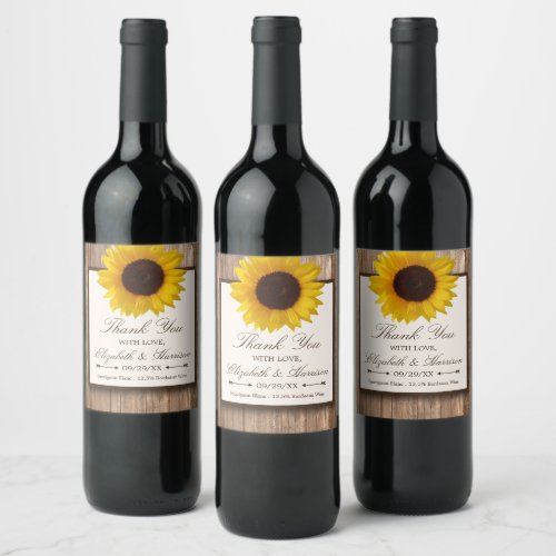 Country Rustic Sunflower  Brown Wood Wedding Wine Label