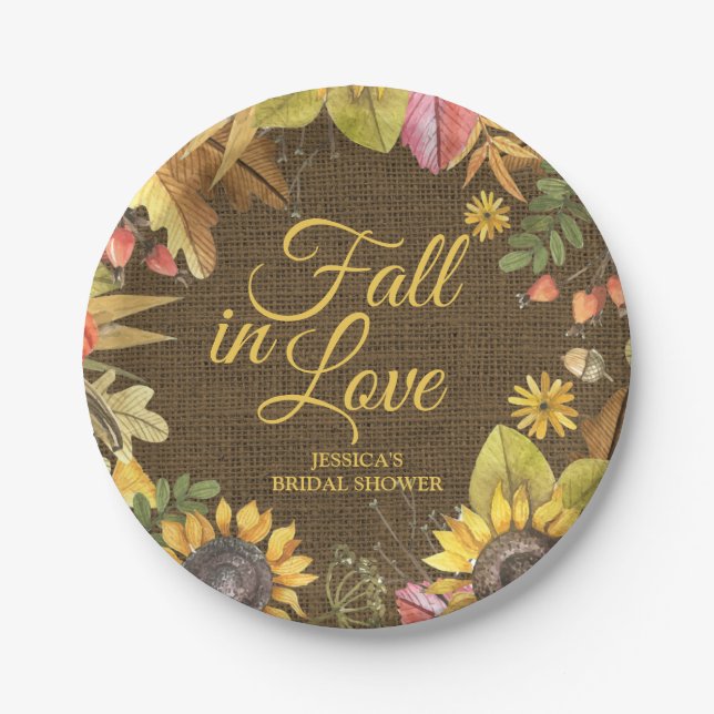 Country Rustic Sunflower Burlap Fall Bridal Shower Paper Plates (Front)