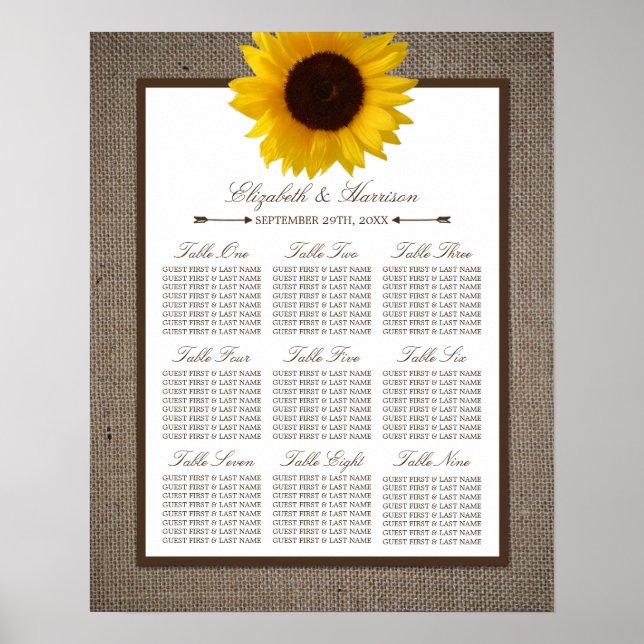 Country Rustic Sunflower & Burlap Seating Chart (Front)