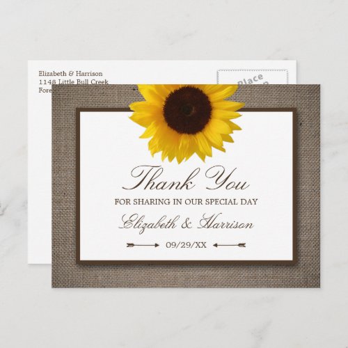 Country Rustic Sunflower  Burlap Thank You Postcard