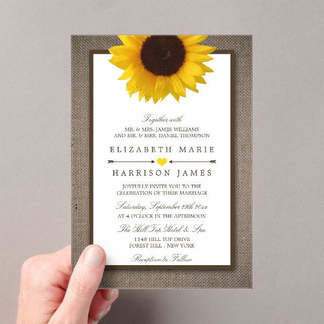 Country Rustic Sunflower & Burlap Wedding Acrylic Invitations (Insitu (Handheld))