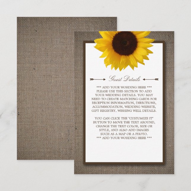 Country Rustic Sunflower & Burlap Wedding Detail Enclosure Card (Front/Back)