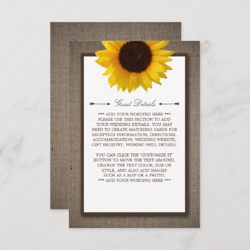 Country Rustic Sunflower  Burlap Wedding Detail Enclosure Card