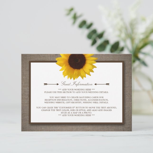 Country Rustic Sunflower & Burlap Wedding Detail Enclosure Card (Standing Front)