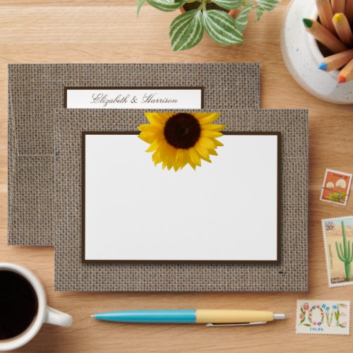 Country Rustic Sunflower  Burlap Wedding Envelope