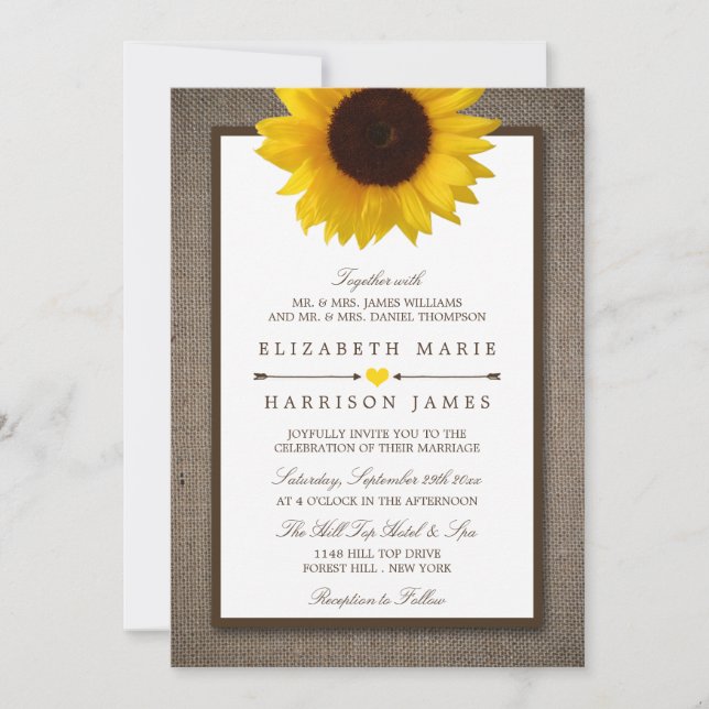 Country Rustic Sunflower & Burlap Wedding Invitation (Front)