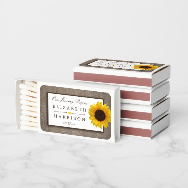 Country Rustic Sunflower & Burlap Wedding Matchboxes (Stacked)