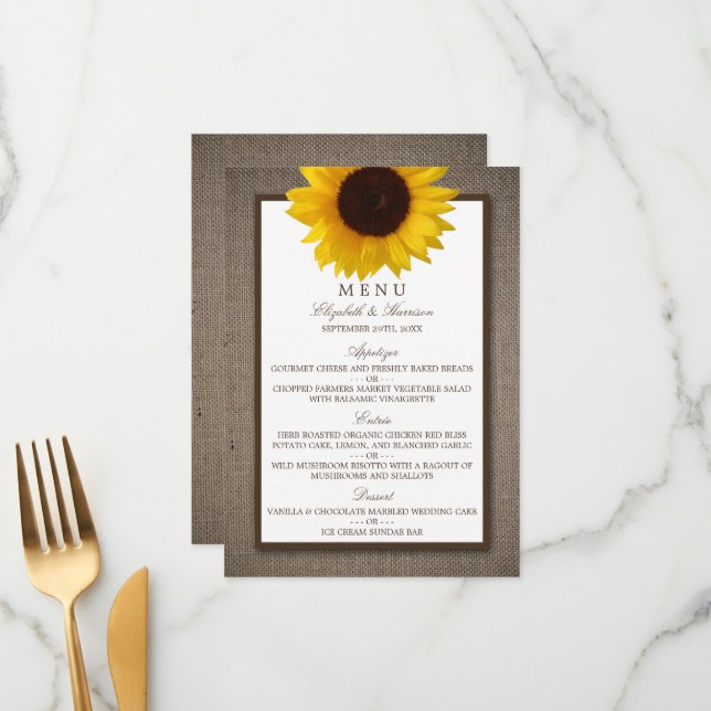 Country Rustic Sunflower & Burlap Wedding Menu (Front/Back In Situ)