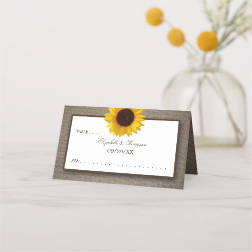 Country Rustic Sunflower  Burlap Wedding Place Card