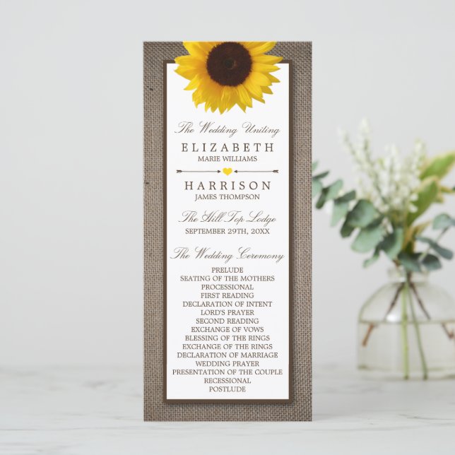 Country Rustic Sunflower & Burlap Wedding Program (Standing Front)