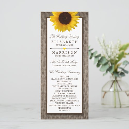 Country Rustic Sunflower  Burlap Wedding Program