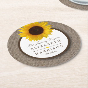 Country Rustic Sunflower & Burlap Wedding Round Paper Coaster