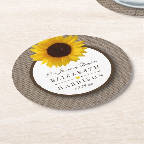 Country Rustic Sunflower  Burlap Wedding Round Paper Coaster