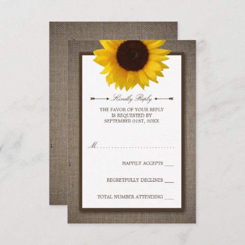 Country Rustic Sunflower  Burlap Wedding RSVP Card