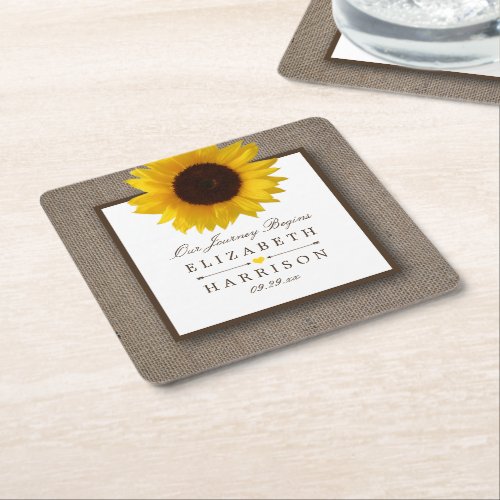 Country Rustic Sunflower  Burlap Wedding Square Paper Coaster