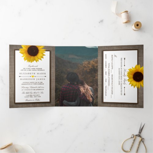Country Rustic Sunflower  Burlap Wedding Suite Tri_Fold Invitation