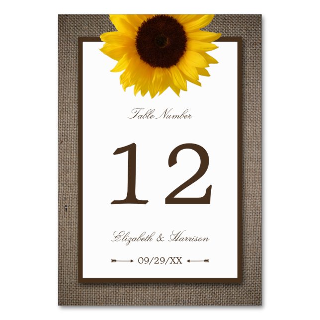 Country Rustic Sunflower & Burlap Wedding Table Number (Front)