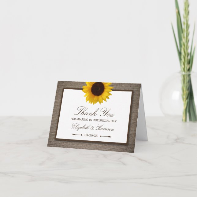 Country Rustic Sunflower & Burlap Wedding Thank You Card (Front)
