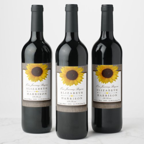 Country Rustic Sunflower  Burlap Wedding Wine Label
