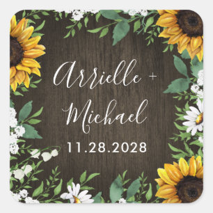 Country Rustic Sunflower Daisy Wedding Favor Square Sticker