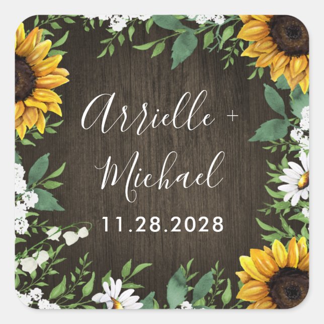 Country Rustic Sunflower Daisy Wedding Favor Square Sticker (Front)