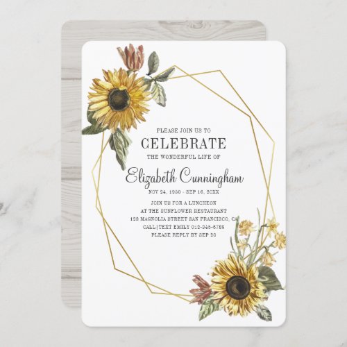 Country Rustic Sunflower Floral Geometric Memorial Invitation