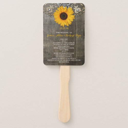 Country Rustic Sunflower Lace  Burlap Program Hand Fan