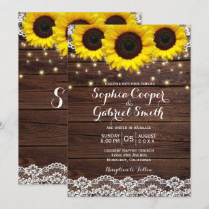 Country Rustic Sunflower Lace Wood Wedding Invitation