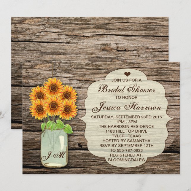 Country Rustic Sunflower Mason Jar Bridal Shower Invitation (Front/Back)