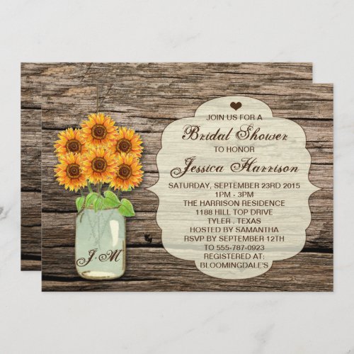 Country Rustic Sunflower Mason Jar Bridal Shower Invitation