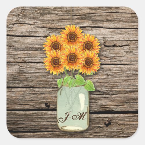 Country Rustic Sunflower Mason Jar Bridal Shower Square Sticker