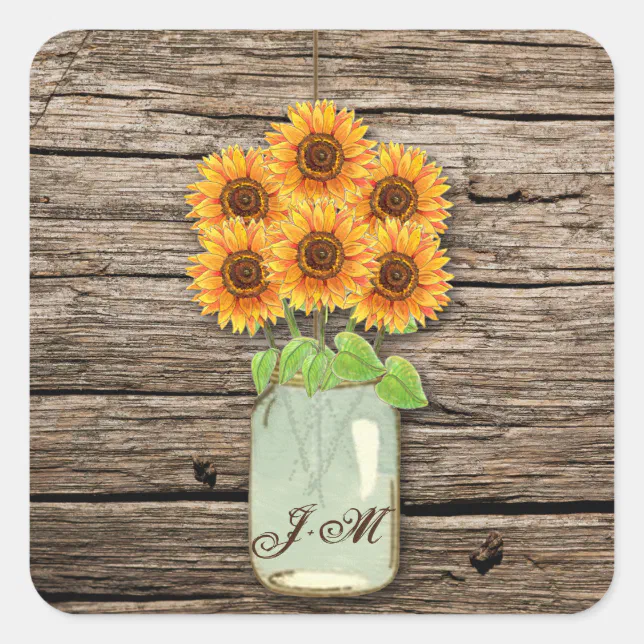 Country Rustic Sunflower Mason Jar Bridal Shower Square Sticker | Zazzle