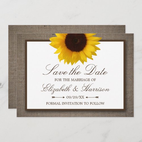 Country Rustic Sunflower On Burlap Save The Date