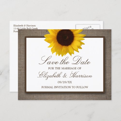 Country Rustic Sunflower On Burlap Save The Date Postcard