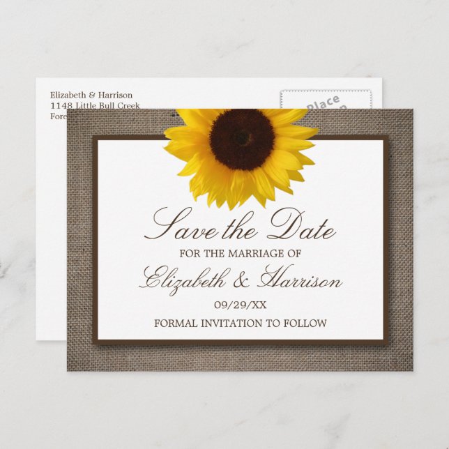 Country Rustic Sunflower On Burlap Save The Date Postcard (Front/Back)
