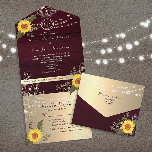 Country Rustic Sunflower String Lights Wedding  All In One Invitation