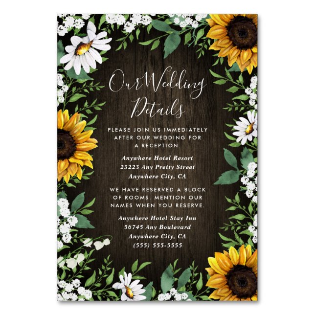 Country Rustic Sunflower Wedding Insert Cards (Front)